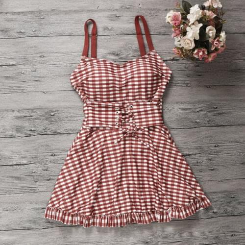 2021 New Women Plaid One Piece Swimwear Bandage Swim Beach Dress Sexy Swimsuit Bathing Suit Womens Swimming Suits Beachwear