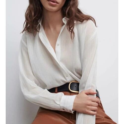 New product ladies pure white blouse long-sleeved striped shirt top baggy business wear office work shirt