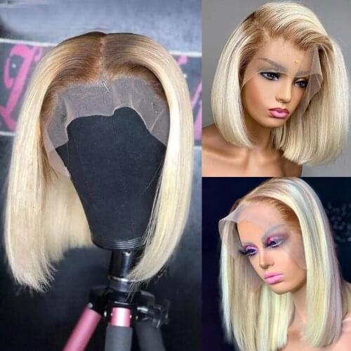Ombre Blonde Human Hair Wigs For Women Straight 4T613 Brazilian Remy Hair 613 Bob Lace Front Wig Transparent Pre Plucked