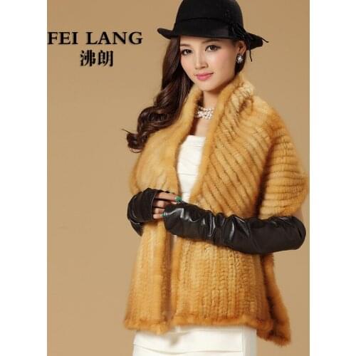 Luxury 2015 Winter Ladies' Genuine Real Knitted Mink Fur Shawls Women Fur Pashmina Wraps Bridal Cape VF0502