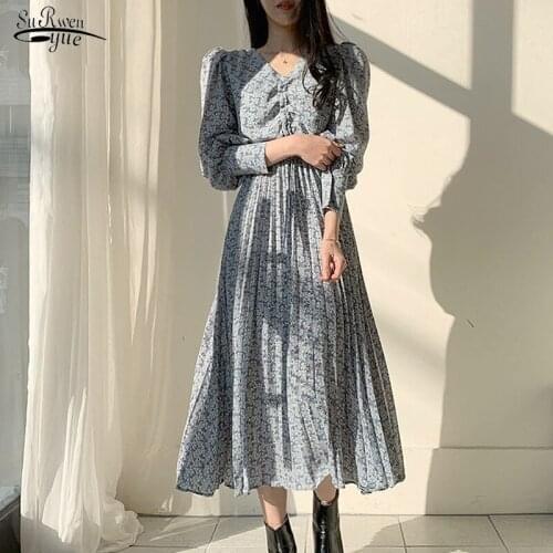 Printed Pleated Floral Chiffon Dresses New Fashion Vintage Long Dress Korean V-neck Ruffled Lantern Sleeves Party Dress 9968