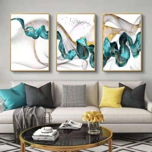 Nordic Modern Art Living Room Decoration Painting Blue Ribbon Mural Abstract Golden Lines Restaurant Canvas Painting
