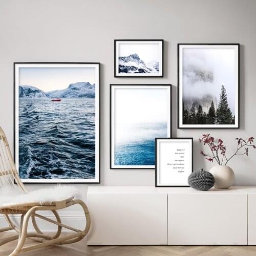 Snow Mountain Forest Sea Quotes Wall Art Canvas Painting Nordic Posters And Prints Landscape Wall Pictures For Living Room Decor