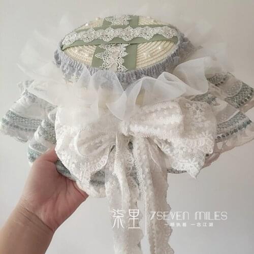 Original polychrome Straw Hat embroidery Multilayer Lace Pearl ornament big Bowknot ribbon lolita Handmade Top hat Mori Girl