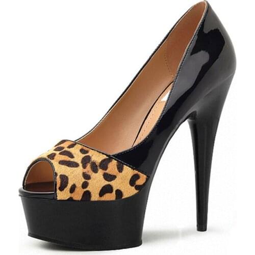 15cm ultrafine and shoe, sexy leopard print fish-mouth shoes, artificial leather club shoes hate sky-high dancing shoes