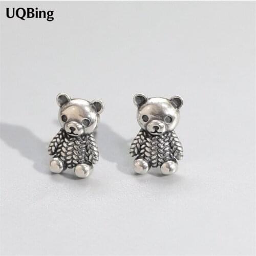 Korean Style Vintage Thai Silver Lovely Cute Bear Stud Earrings For Women Animal Gifts Jewelry