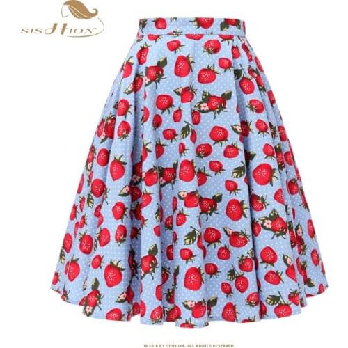 SISHION Summer Strawberry Polka Dot Floral Skirt SP0677 Retro Vintage Rockabilly 50s Plus Size Cotton Women Skirt in Blue