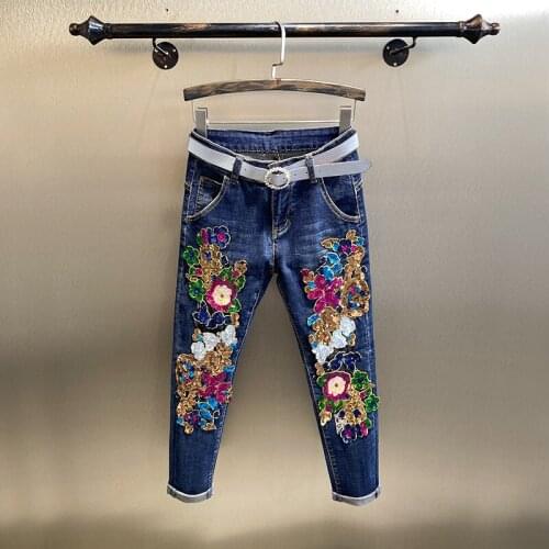 2021 Spring Summer Fashion 3D Sequins Florals Hole Jeans Women Denim Stretch Slim Skinny ankle length Pants