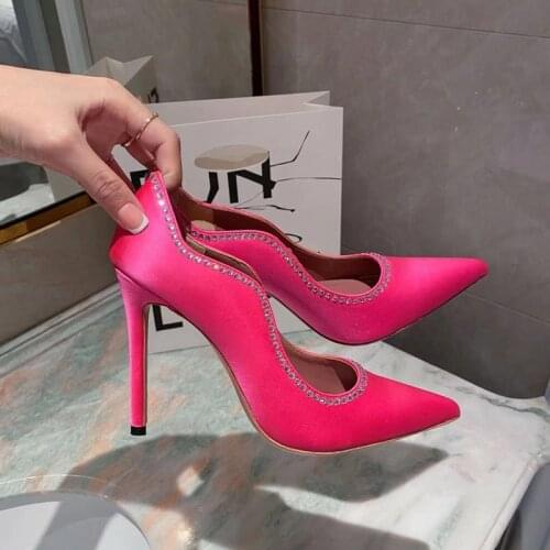 Sexy Super High Heels Women Rhinestone Decor Women Silk Pumps Pointed Toe Weave Design Ladies Party Shoes Luxury Brand Designer