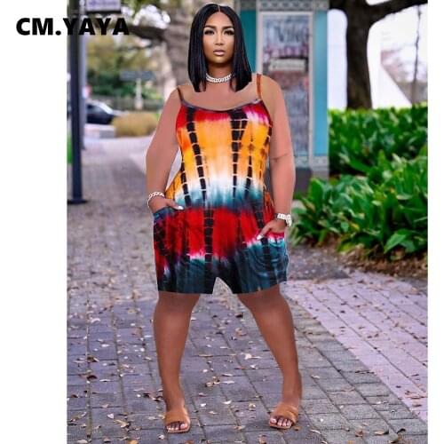 CM.YAYA Women Playsuit Print Spaghetti Strap Loose Straight Playsuits with Pockets Womens Streetwear Casual Bech Outfit Summer
