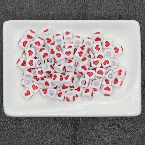 100pcs Red Heart Shape Square Acrylic Beads Charms Opaque White Beads for Jewelry Making Bracelet 6mm