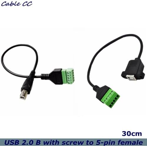 30cm USB 2.0 B male B female with screw to 5-pin female bolt screw connector, with shield terminal plug adapter cable 1ft