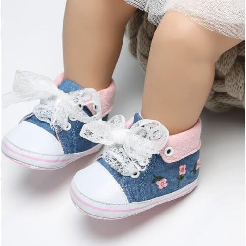 Bobora Spring Autumn Newborn Shoes Baby Girls Embroidered Flower First Walkers Lace-Up Soft Sole Walking Shoe