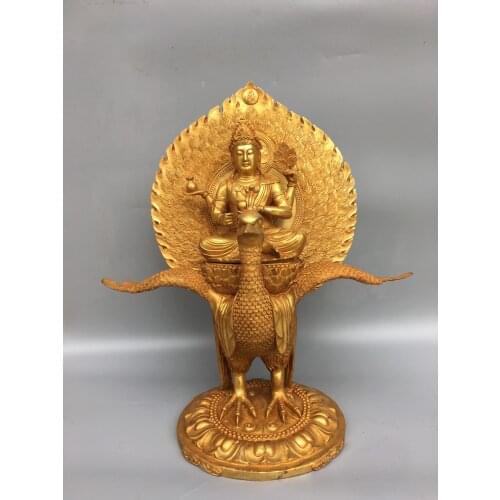 18"Chinese temple collection Old Bronze Gilt Peacock Buddha Statue Peacock Sutra Enshrine the Buddha Ornaments Town House