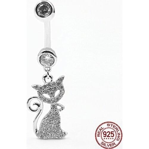 Zircon crystal Cat belly button ring navel piercing jewelry 925 sterling silver cute animal women sexy intimate jewelry