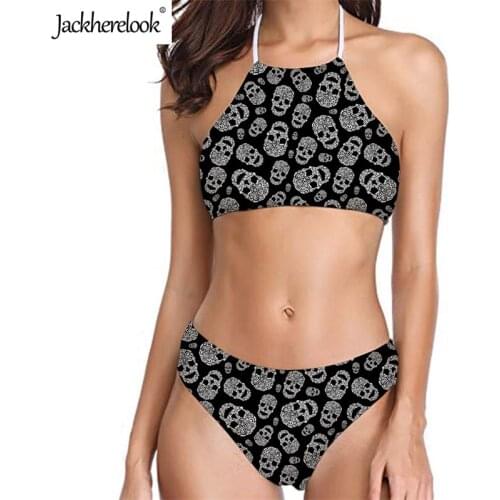 Jackherelook Swimming Comfortable Female Bikinis 3D Skulls Pattern Girls Padded Bathing Suit Beach Halter Swimwear Summer Black