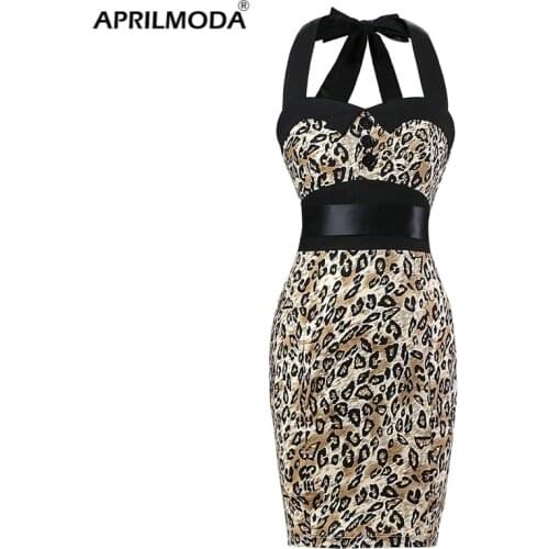 Leopard Print Sexy Halter Sheath Dress Polka Dot Vintage Women Summer Backless 50s Pin Up Rockabilly Slim Pencil Bodycon Dresses