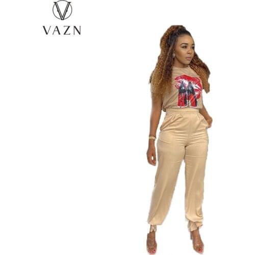 VAZN 2021 Hot Popular High-end Young Causal Daily Office Lady Fashion Short Sleeve Top Long Pants Skinny Women 2 Piece Set