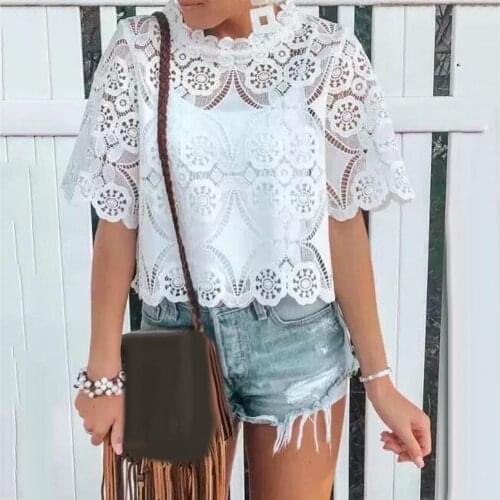 Blouse Hot Sale Fashion womens top Sexy Women Summer Half Sleeve T-shirt Lace See Through Hollow out Blouse Top