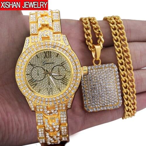 Mens Luxury Full Of Shiny Stones Hip Hop Iced Out Watch & Iced Square Dog Tag Necklace Combo Set