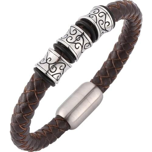 Newest Men Jewelry Bracelet Vintage Brown Braided Leather Bracelet Retro Hand Chain Stainless Steel Magnetic Clasp Bangle SP0159