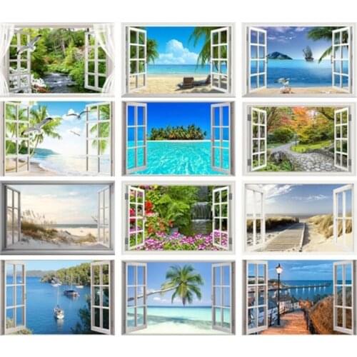 Full Diamond Mosaic Window Sea Scenery Diamand Painting Complete Daimond Embroidery Hobby Rhinestone Picture Wall Sticker Decor