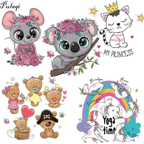 Cartoon Cat Bear Patch Iron On Transfers For Clothing Heat Transfers Cute Unicorn Animal Thermo Stickers On Kids Clothes Stripes