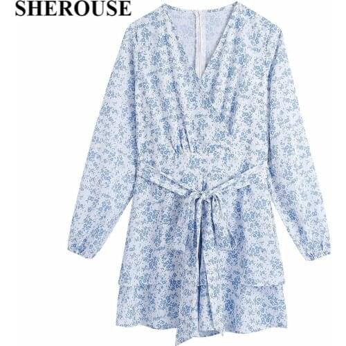 SHEROUSE Women Fashion With Belt Back Zipper Printed Playsuit Long Sleeve V-Neck Vintage Female Playsuits combinaison femme