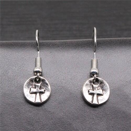 Vintage Antique Silver Color 10x10mm Round Cross Tag Charms Dangle Earrings For Women Party Gift Jewelry Handcrafts