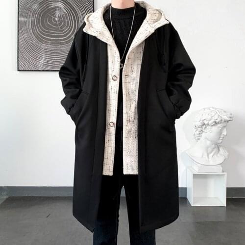 Trench Men Fashion Patchwork Fake Two Piece Hooded Trenchcoat Autumn Winter Single-breasted New Casual Long Windbreaker