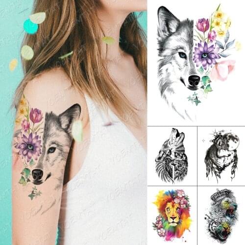 Waterproof Temporary Tattoo Stickers Wolf Lion Tiger Rose Peony Flower Star Color Flash Tattoos Female Body Art Fake Tatoo Male