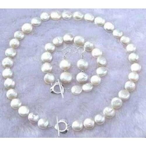Fine jewelry 10-11MM White Coin Pearl Necklace Bracelet Earring Set Pearl Necklace Bracelet Earring