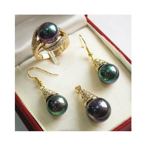Jewelry AAA 12mm Green jade/Shell Pendant Pendant Necklace Earrings Ring set
