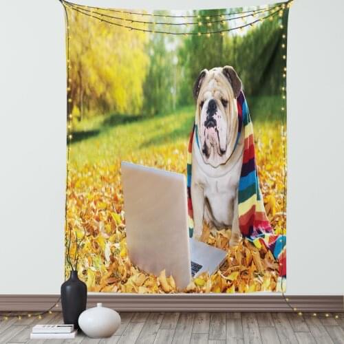 Funny English Bulldog Tapestry Work in Autumn Woods Satin Fabric Wall Hanging for Bedroom Living Room Dorm Meeting Background