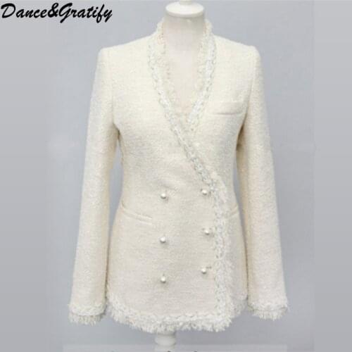 High Quality 2019 Autumn Winter Woolen Blends Beading Jacket Coats Women Luxury Brand Designer Pearl Button Runway Outerwear