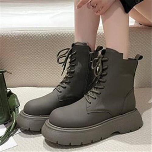 Autumn Winter New Women Casual Ankle Boots Female Fashion Lace Up Shoes Top Quality Leather Platform Military Booties Size 35-40