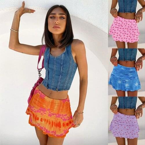 Women Boho Beach Skirts Summer High Waist Floral Printing Ruched Slim Short Mini Skirt A-line Bottom Party Vacation Female -40