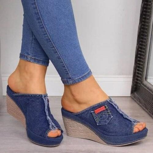 Akexiya New Female Shoes Denim Platform Wedges High Heel Women Sandals Woman Summer Wedge Comfortable Ladies Slip-on Sandalias