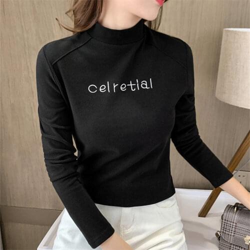 Women Inside Plus Velvet Half High Collar Autumn Winter Slim Sweater Korean Tops Embroidery Letter Knitwear Pullover TT0092