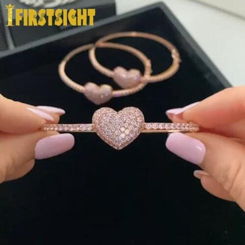 Rose Gold Pink CZ Big Heart Bracelets Ice Out Bling AAA cz Heart Charm Bangle For Women Female Fashion Jewelry 2021 New