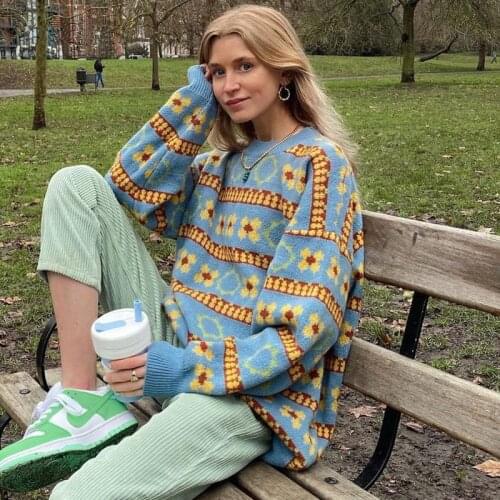 Blue Floral Oversized Sweater Top Knit O Neck Women Vintage Casual Pullover 90s Autumn Winter Jumper Loose Fashion 2021