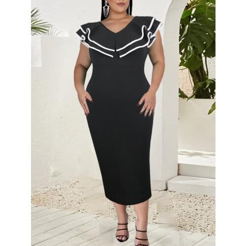 Women Black Dress Ruffles Plus Size Sleeveless Bodycon Elegant Fashion Patchwork Office Lady Daily Birthday Party Robes 4XL XXXL