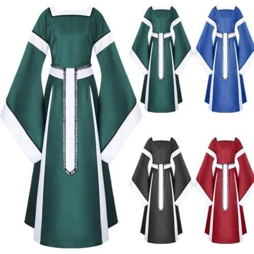 Woman Medieval Dress Gothic Costume Long Pagoda Sleeves Waist Seal Floor-Length Solid Color Dress Halloween Cosplay Costumes