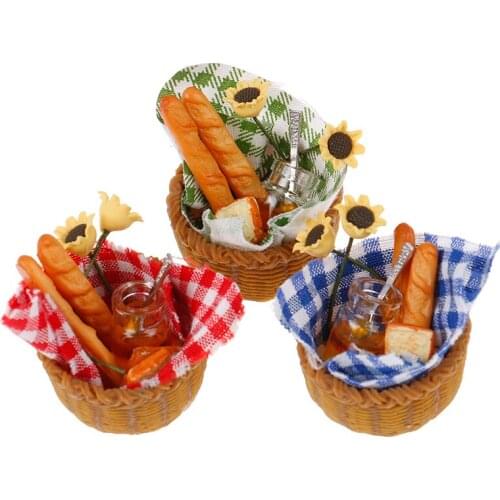1 Set 1:12 Dollhouse Miniature DIY Honey Bread Flowers Picnic Basket Set Furniture Decor Accessories