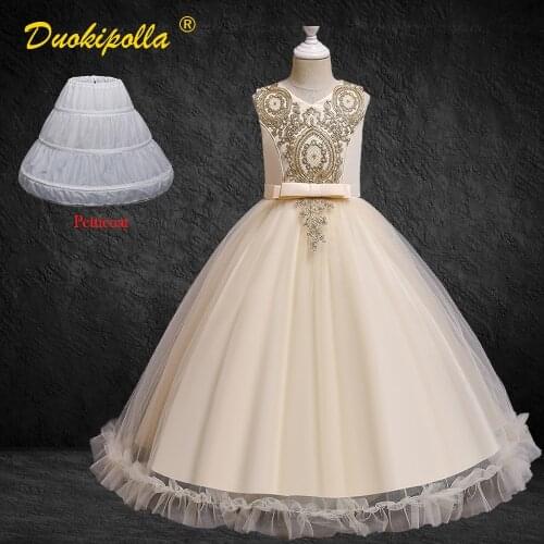 2021 Flower Girl Champagne Lace Wedding Dresses Birthday Evening Party Formal Dress for Girls Teenager Gorgeous Graduation Gown