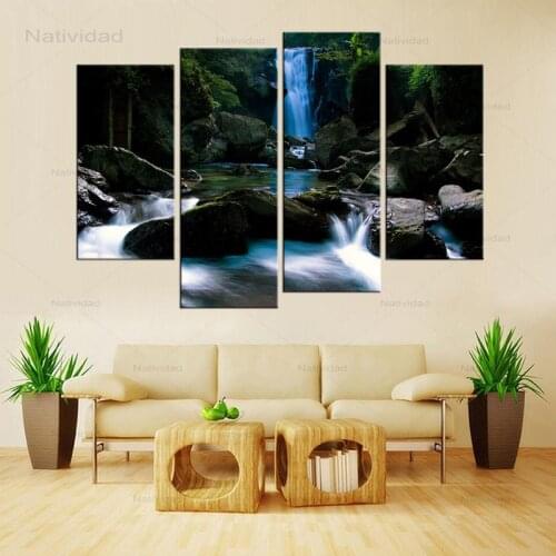 Watercolor Green Tree Waterfalls Cottage 4 Pieces Canvas Prints and Posters Nordic Wall Picture Home Decor Painting Unframed