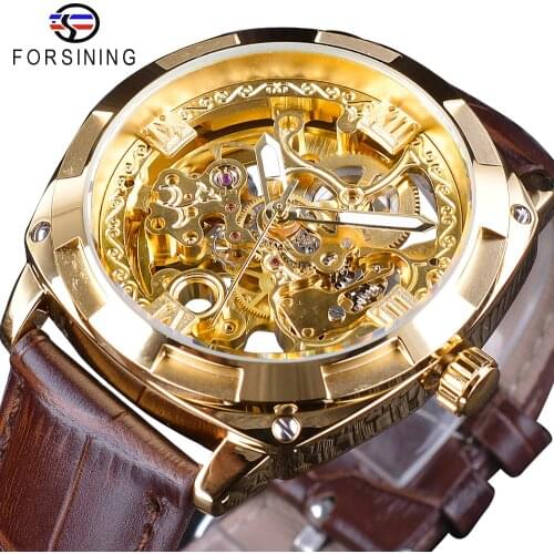 Forsining Royal Golden Flower Transparent Brown Leather Belt Creative 2018 Mens Watch Top Brand Luxury Skeleton Mechanical Watch