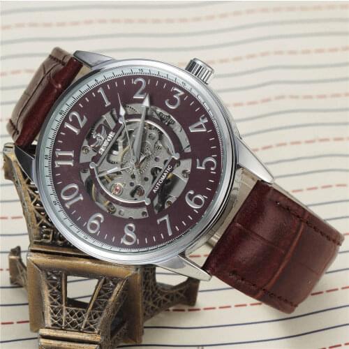 Relogio masculino Fashion SEWOR Men Luxury Brand Leather Skeleton Watch Self Wind Automatic Mechanical Wristwatches