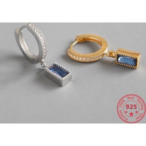 Pure Silver 925 Fashion Chic Squera Blue Zircon Hoop Earrings Luxury Brand Boho Jewelry