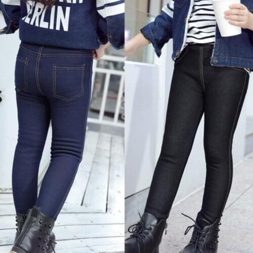 2021 Winter Children Jeans Kids Slim Thick Velvet Warm Denim Trousers Baby Girl Leggings Stretch Pencil Pants For 3-10 Years